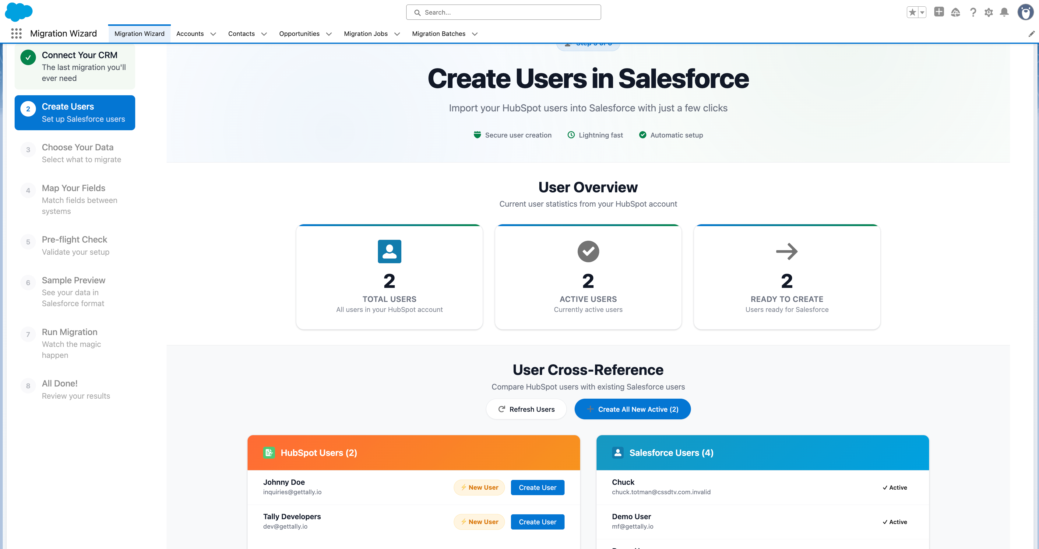 Create HubSpot users in Salesforce migration wizard - import users with one click without leaving the tool