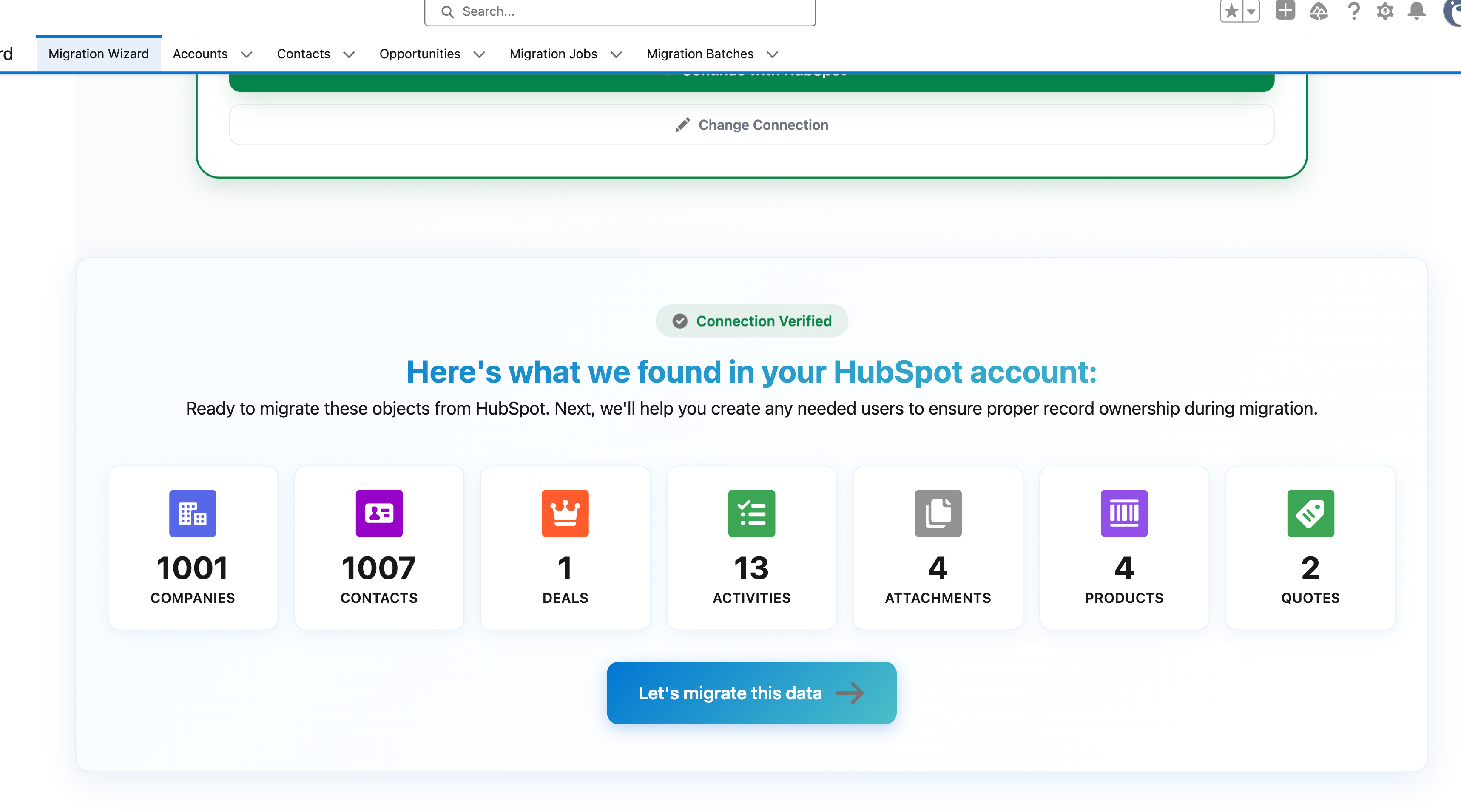 HubSpot to Salesforce migration data scan showing object counts for companies, contacts, deals, activities, attachments, products, and quotes
